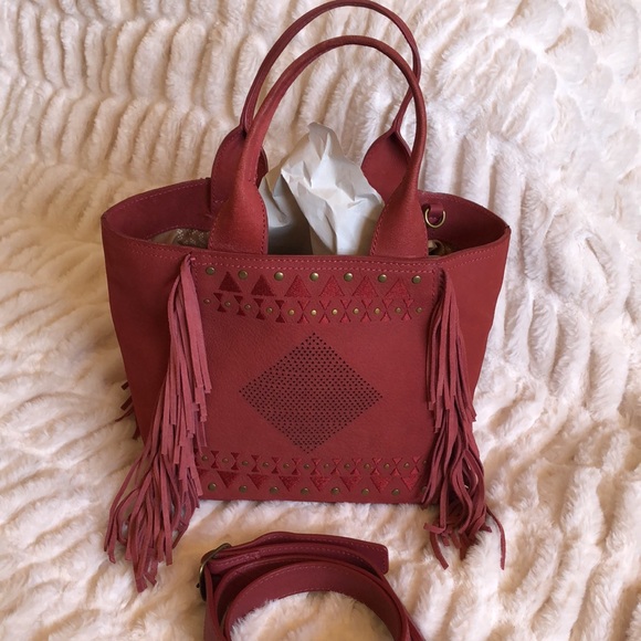 Lucky Brand Red leather Fringe Bucket Bag with crossbody strap Tribal Pattern - Picture 2 of 14